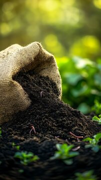 Organic compost in burlap sack with worms in vibrant garden setting
