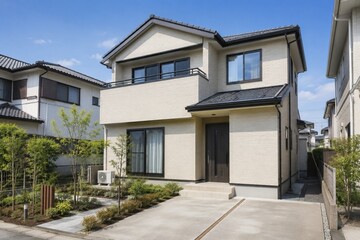 Fototapeta premium 郊外の閑静な住宅街にある、モダンな日本の一戸建て