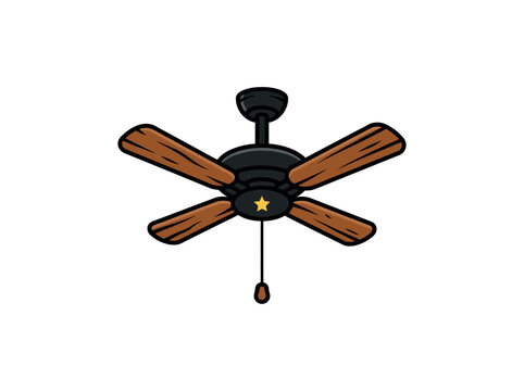 Ceiling Fan With Wooden Blades And Pull Chain Isolated Vector Illustration