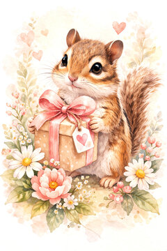 Cute chipmunk holding a gift box with a pink bow and heart tag surrounded by flowers. Watercolor illustration for greeting card. Romantic wildlife character for holiday celebration.