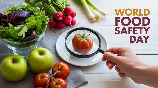World food safety day awareness with fresh vegetables fruit and magnifying glass inspection
