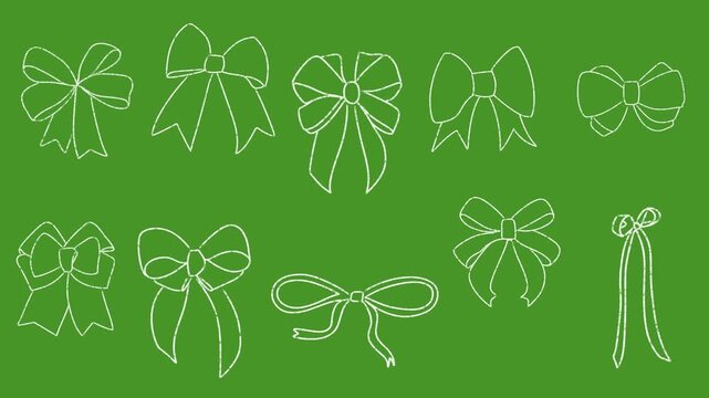 Hand drawn white doodle illustrations and handwritten typography set on green screen chroma key background. Decorative ribbon bows, arrows, for video overlay 4k 