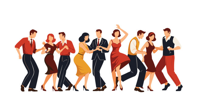 Lively group of people dancing in retro-style outfits at a party, expressing joy, energy, and vintage fashion.