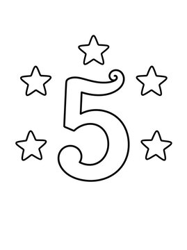 Simple number five coloring page with cute star outlines around big numeric character for children preschool educational activity.