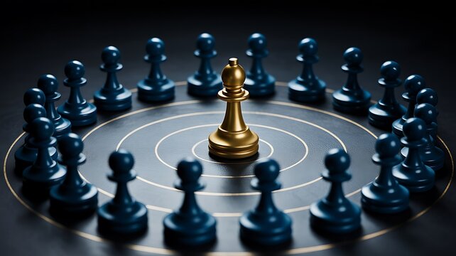 Strategic chess concept with golden king surrounded by black chess pieces on board