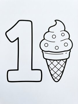 Educational number one coloring page featuring large bold digit with sweet ice cream cone illustration for preschool kids learning.