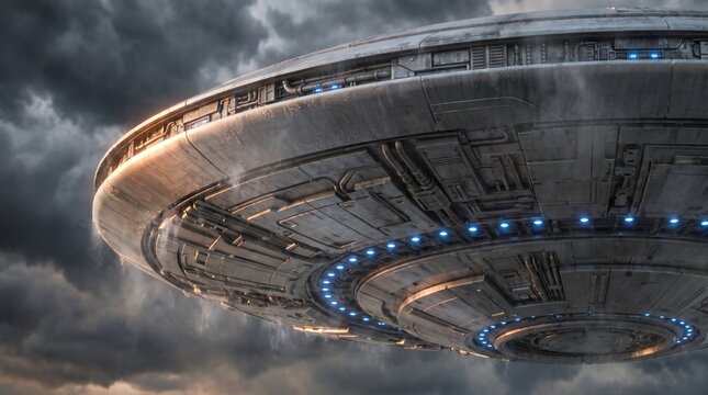 Futuristic UFO spaceship hovering under dramatic stormy sky