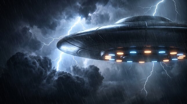 Futuristic UFO flying through stormy night sky with lightning