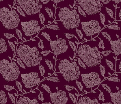 Seamless two-tone pattern featuring cream-colored dotted roses, leaves, and vine trails created with a delicate stippled dot technique over a rich maroon background.