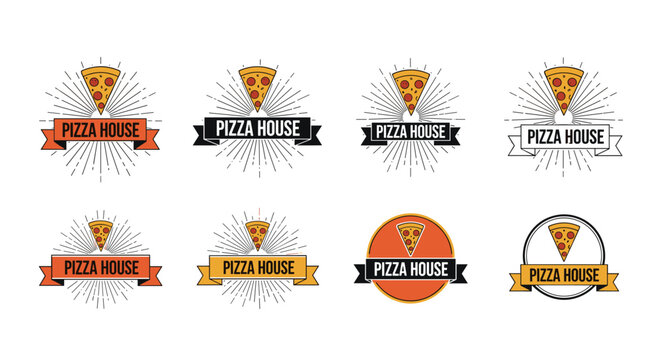 Graphic collection of vintage-style pizza house logos and emblems, perfect for restaurant branding and menus.