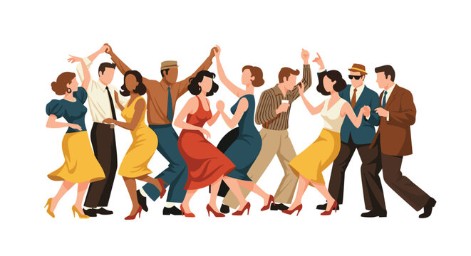 Group of diverse retro couples dressed in mid-century fashion dance cheerfully together, celebrating a lively social party or vintage dance event.