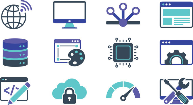 Web hosting and website development vector icon set featuring internet global server database cloud network security programming layout configuration system maintenance tool graphics.
