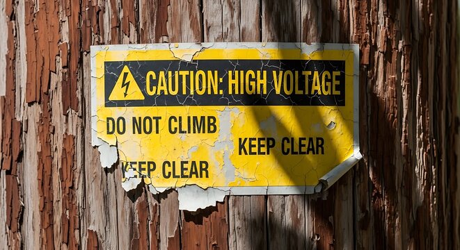 Caution High Voltage Warning Sticker on Weathered Wood
