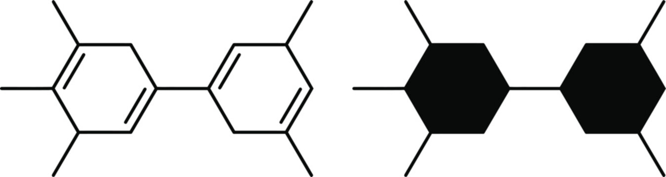 Chemical structure of biphenyl molecule represented as skeletal and solid hexagon diagrams.