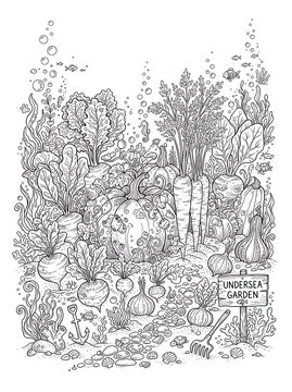 Underwater vegetable garden coloring page featuring pumpkins beets carrots and sea life for creative coloring projects at home.