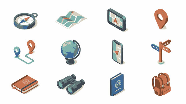Collection of isometric travel and navigation icons including compass, map, GPS, pins, globe, passport, binoculars, and backpack.