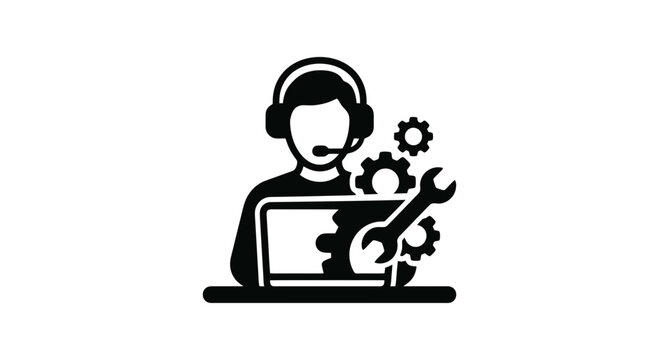 Vector icon depicting technical support agent with headset fixing laptop using wrench and gears, perfect for IT service, customer help desk, maintenance, and repair concepts
