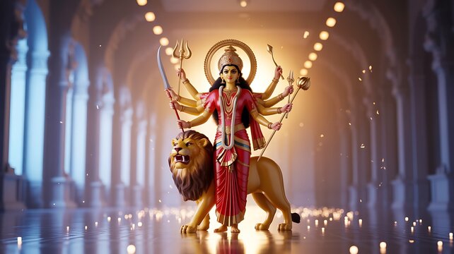 Goddess durga with lion in sacred temple celebrating hindu spirituality and divine devotion