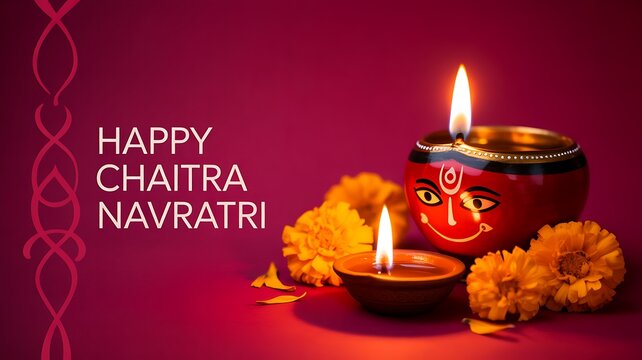 Happy chaitra navratri celebration with traditional diya flowers and devotional decoration