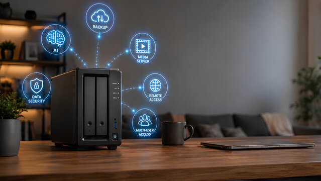 Compact two-bay NAS in a modern home with glowing icons representing AI, backup, media streaming, data security and remote file access.