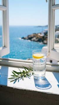Glass of water with lemon slice and olive branch on white wooden windowsill overlooking blue sea at Amalfi coast.