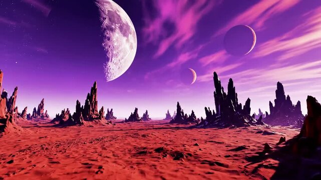 Red rocky alien landscape under purple evening sky