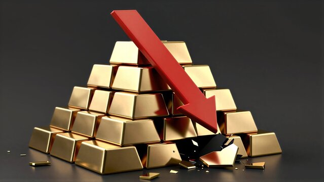 Golden bars pile up as red arrow points down, symbolizing financial decline.