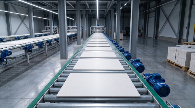 White panel boards moving on a motorized conveyor belt inside a large industrial factory hall
