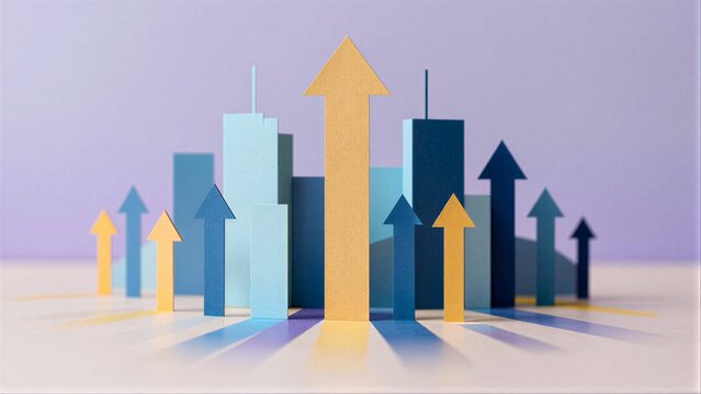 Arrows rise above cityscape, symbolizing growth and progress in a modern urban environment.
