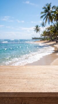Wooden Tabletop with Blurred Tropical Beach and Ocean Background