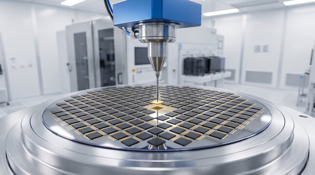 Precision probe tests semiconductor chips on a silicon wafer inside a cleanroom laboratory