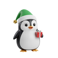 Fototapeta premium Cute cartoon penguin wearing a green santa hat holding a small red christmas gift for winter holiday season