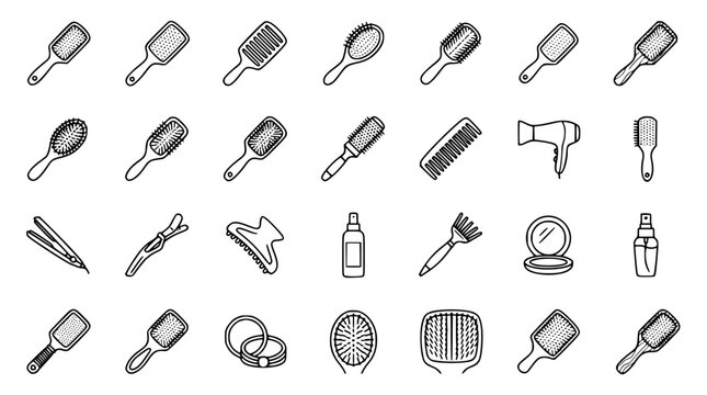 Hairdressing Tools and Accessories Glyph Icons Set. Black  White Line Art Collection of Hair Brushes, Combs, Dryer, Straightener, Clips for Beauty Salon  Personal Care.