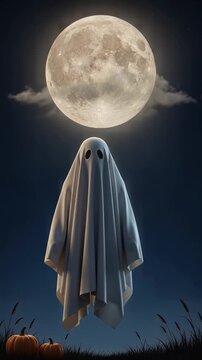 Halloween wallpaper with spooky ghost floating under a large full moon