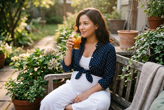 Pregnant South Asian woman drinking juice in sunny garden outdoor peaceful