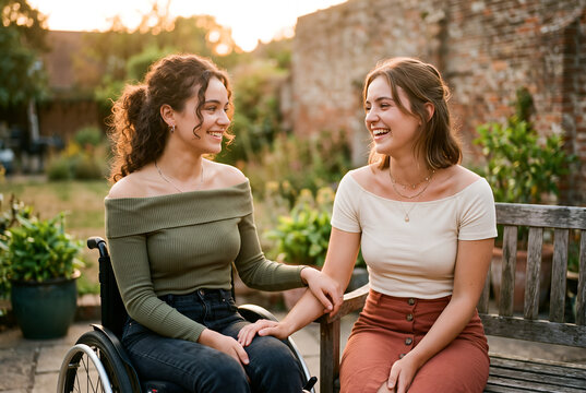 Two young women lesbian couple together garden outdoor nature holding hands