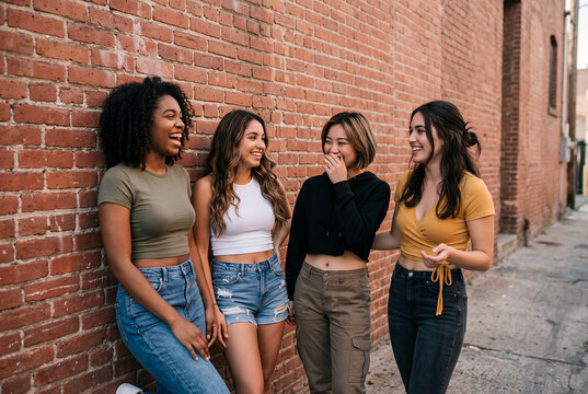 Group of four diverse young women laughing together urban