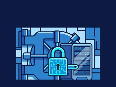 Digital Cyber Vault Security Illustration: Glowing Padlock Securing Server Rack, Data Protection Concept, Corporate IT Security