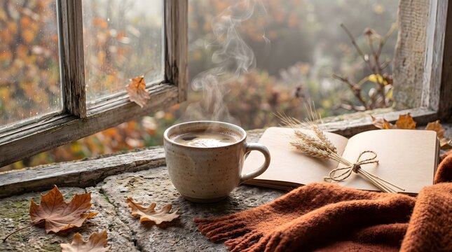 cup of coffee with autumn leaves