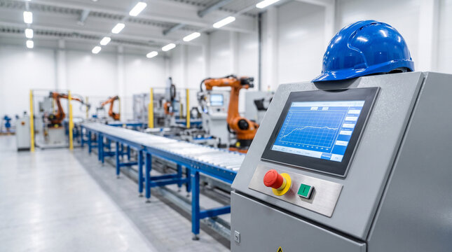 Robotic assembly line with HMI control panel and hard hat inside a modern automated smart factory