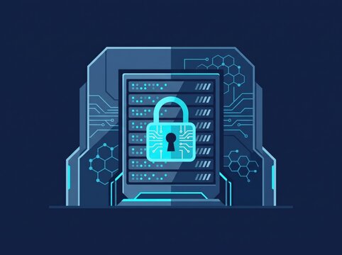 Digital Cyber Vault Illustration: Secure Server Rack with Glowing Cyan Padlock, Modern IT Security Concept