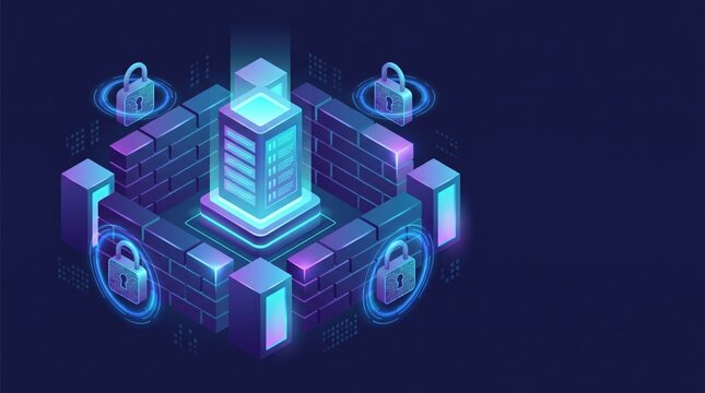 Digital Data Fortress: Secure Server Protected by Cyber Firewalls and Digital Padlocks, IT Infrastructure Concept
