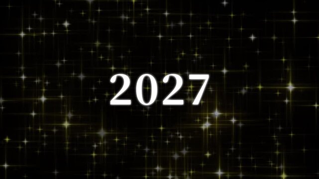 黒背景に浮かぶ2027年の数字とキラキラと輝く金の星の背景素材 4K 余白あり