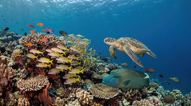Sea turtle swimming over a colorful coral reef