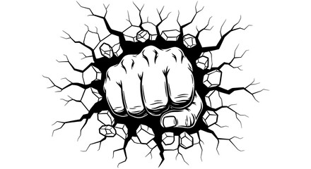 Fototapeta premium A powerful fist breaking through a cracked wall in a dramatic black and white illustration