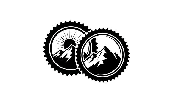 Vintage style mountain landscape design within two interlocking circular saw blade frames