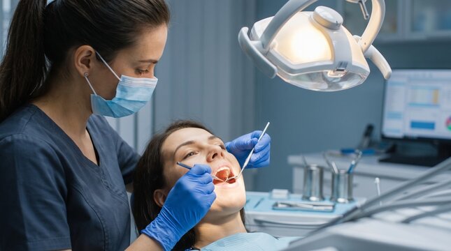 Routine dental checkup showing a dentist examining a relaxed female patient under a bright overhead light