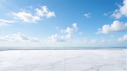 Fototapeta premium Marble terrace overlooking ocean under blue sky with horizon
