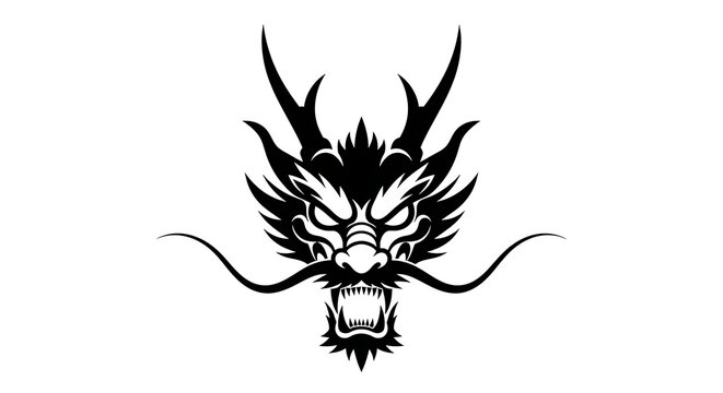 Detailed black and white illustration of a fierce traditional chinese dragon head facing forward