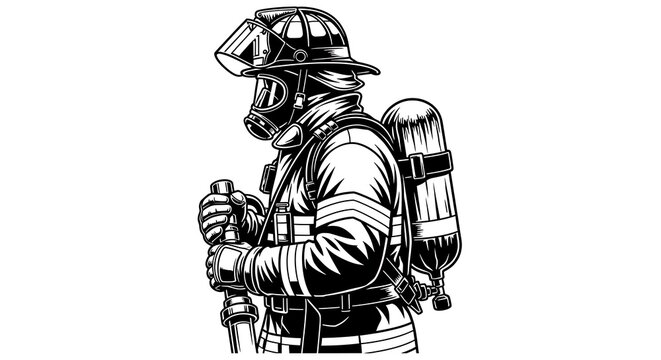 Vintage style illustration of a brave firefighter in full gear side view black and white sketch